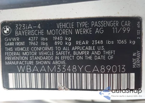 2000 BMW 323I z USA, uszkodzony, nr VIN WBAAM3348YCA89013